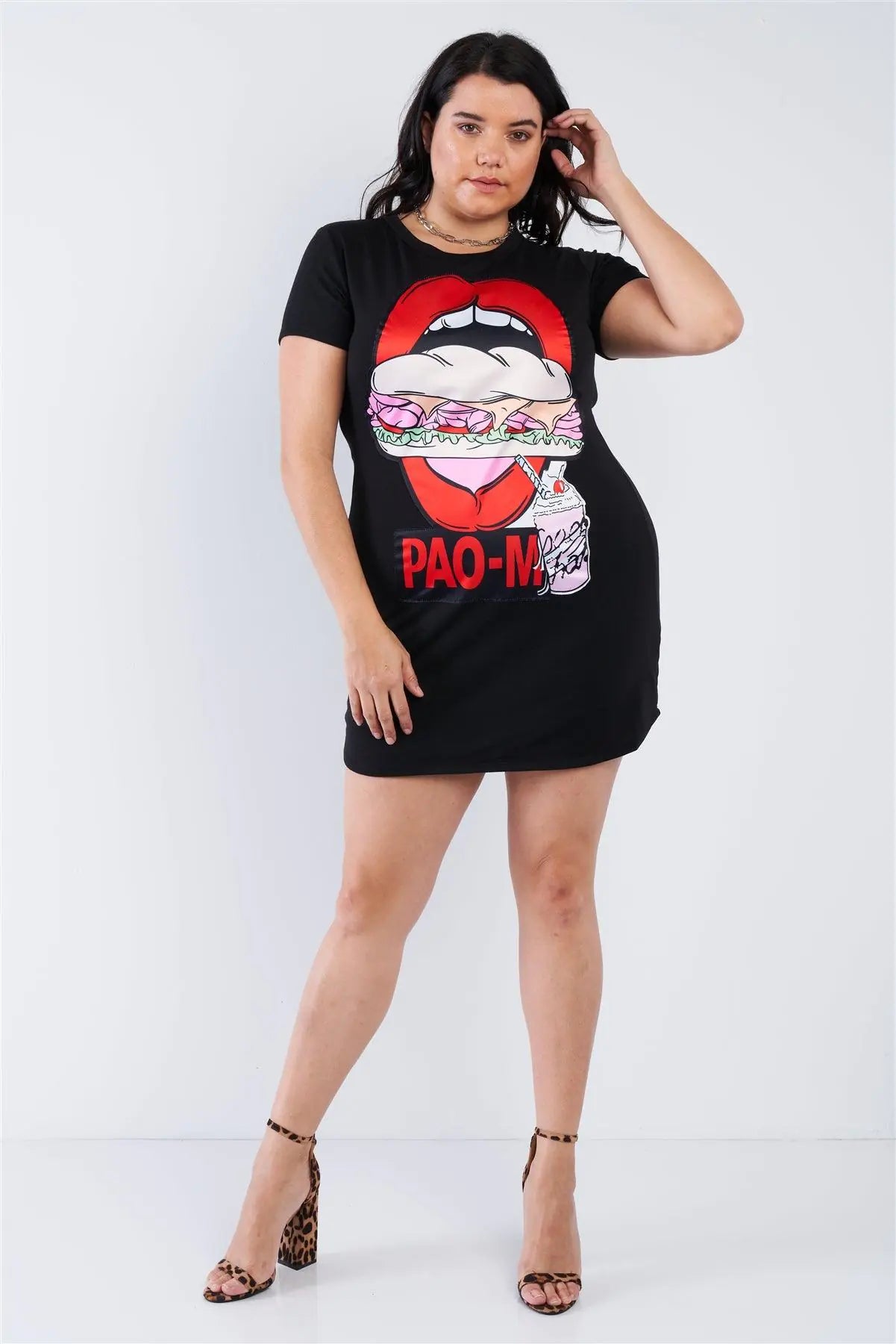 Junior Plus Size Black Graphic T-shirt Dress /2-2-2