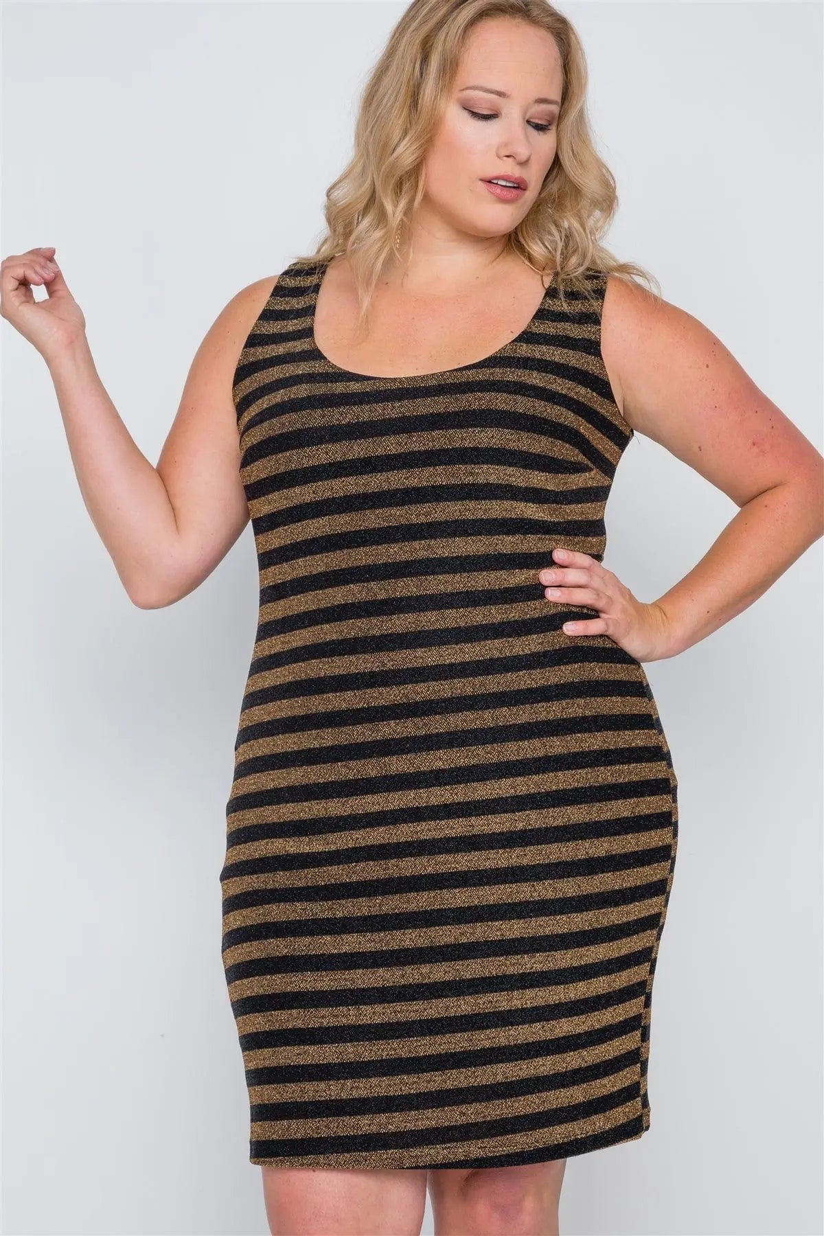 Junior Plus Size Black Gold Stripe Bodycon Mini Dress /2-2-2